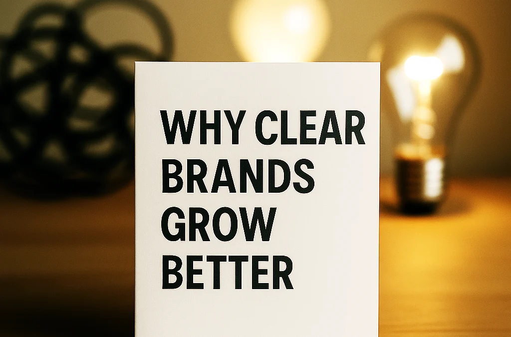 Minimalist white sign on desk reading 'Why Clear Brands Grow Better' with glowing lightbulbs in the background, symbolizing brand clarity and strategic growth.